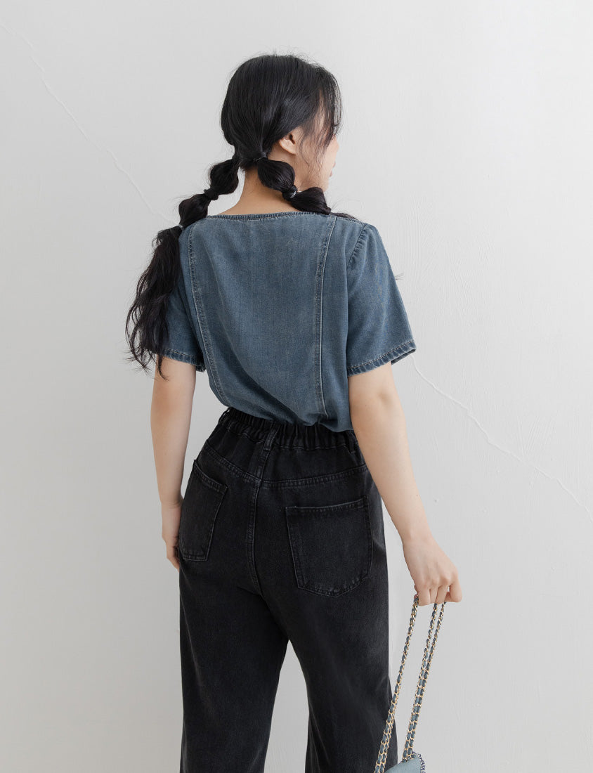 Front Ruched Button-Up Plus Size Denim Top