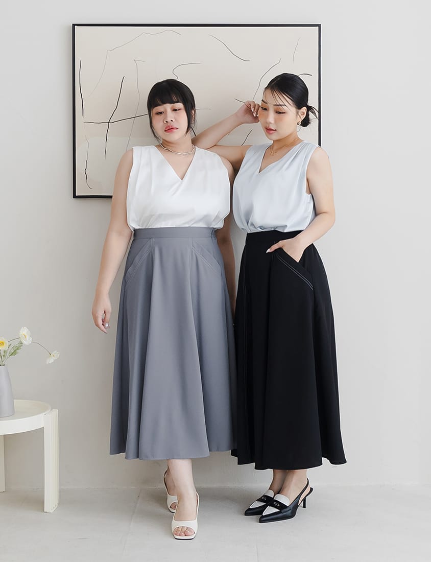 MISS. Contrast Stitch A-Line Back Elastic Waist Plus Size Maxi Skirt