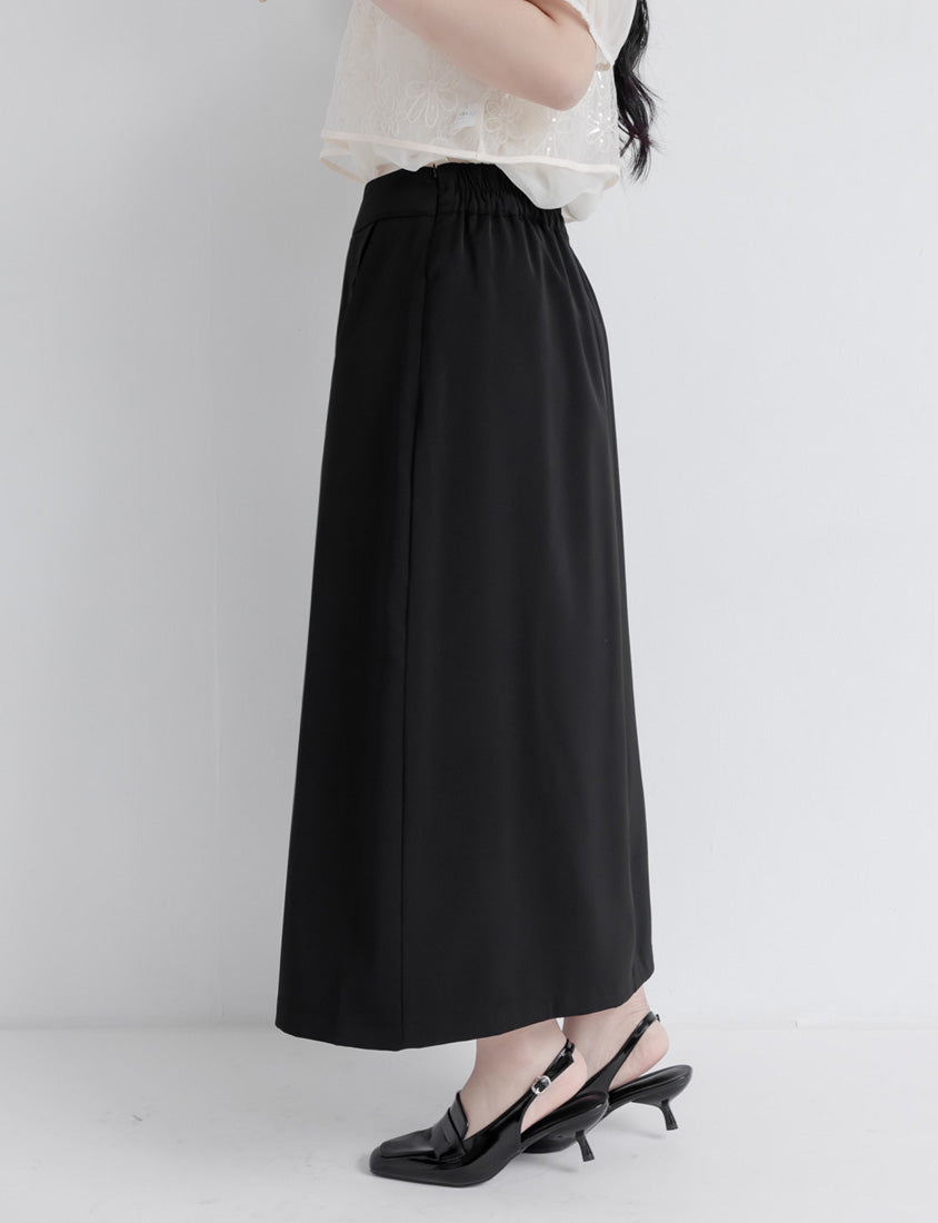 MISS. Korean Style Asymmetrical Button Slit Elastic Waist Plus Size Maxi Skirt