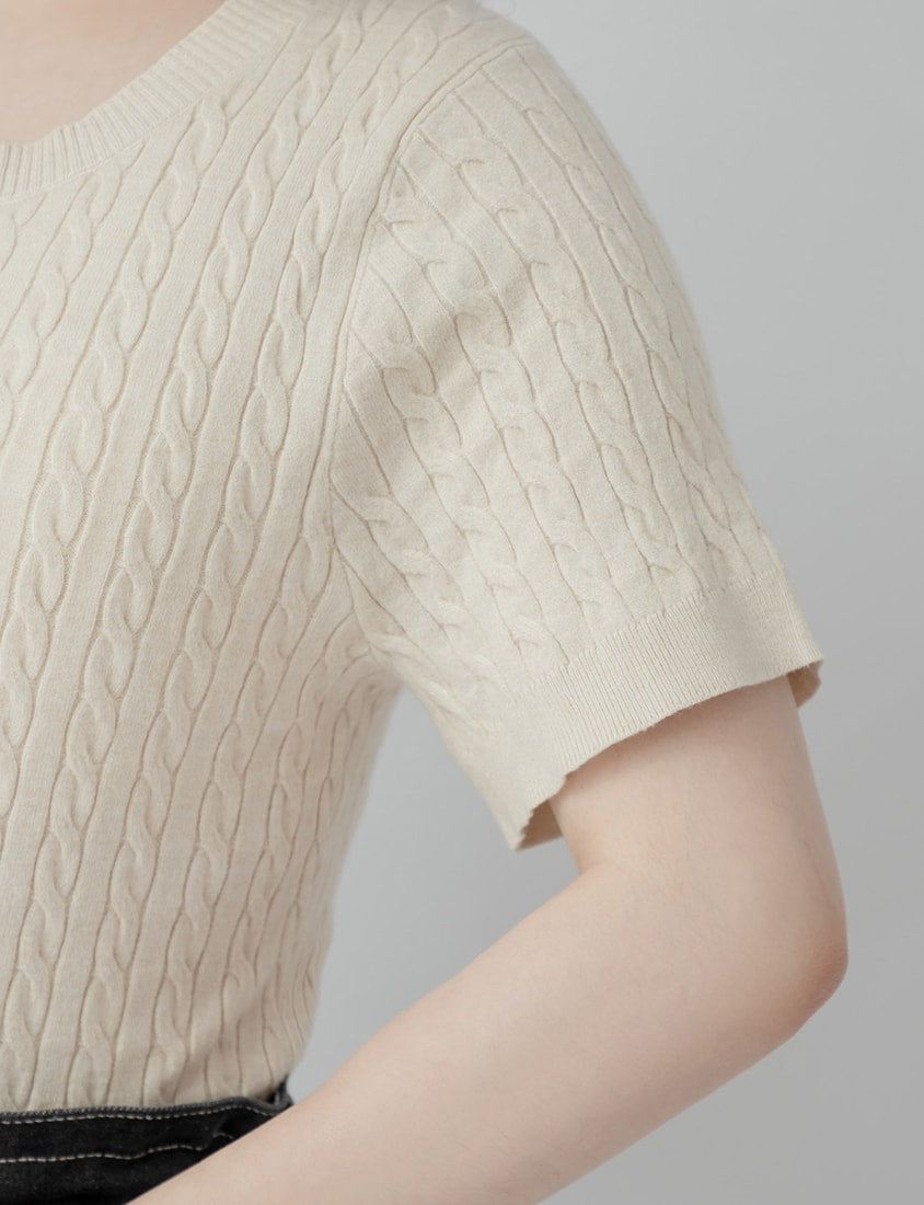 Crewneck Cable Knit Short Sleeve Top