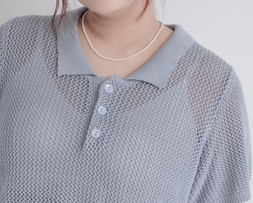 MISS. Polo Collar Knitted Hollow Plus Size Top