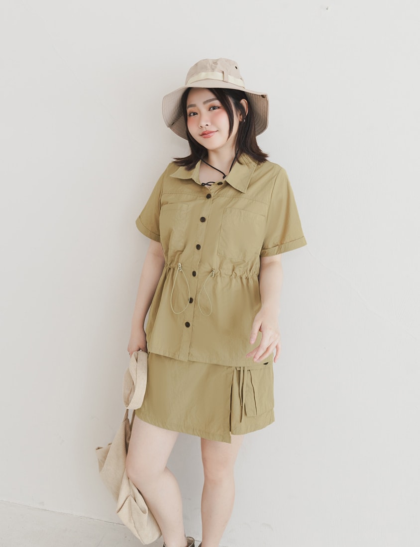 Pockets Cargo Drawstring Waist Plus Size Shirt