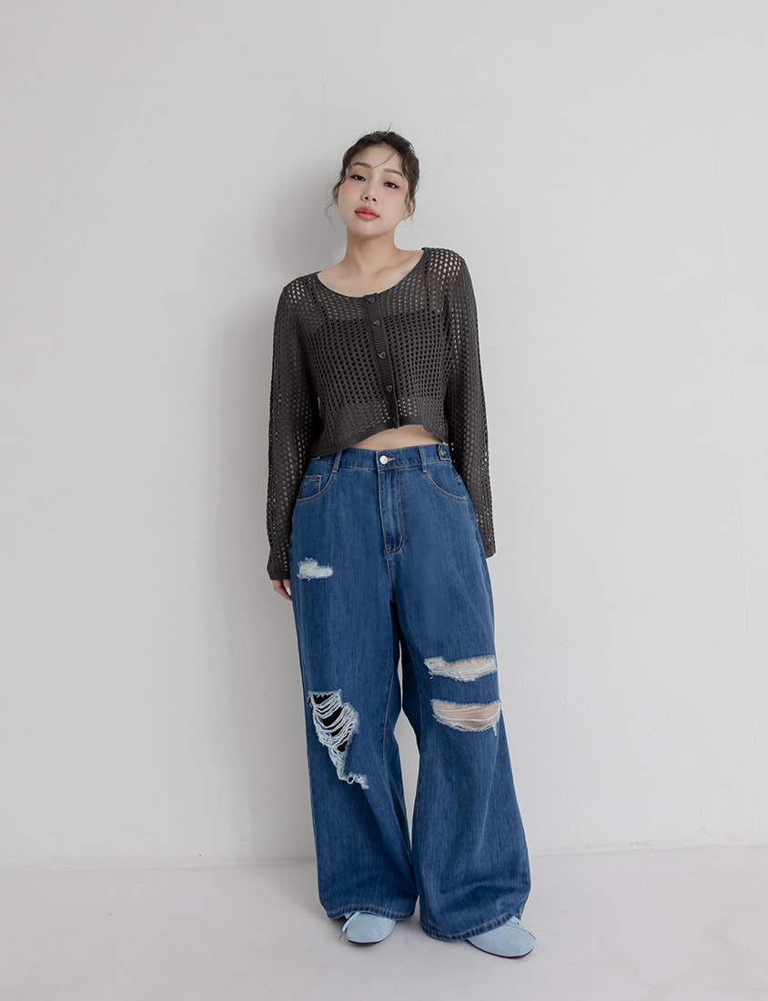 Knit Eyelet Hollow Faux Button Plus Size Top
