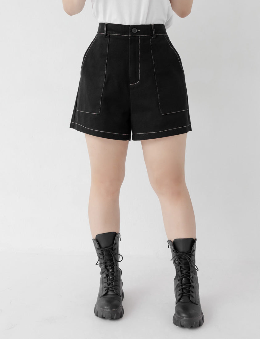 Twill Contrast Stitch High Waist Plus Size Shorts