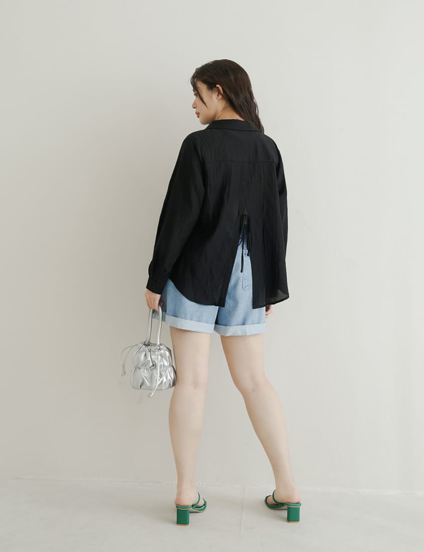 Crinkled Texture Sheer Tie-Back Plus Size Long Sleeve Shirt