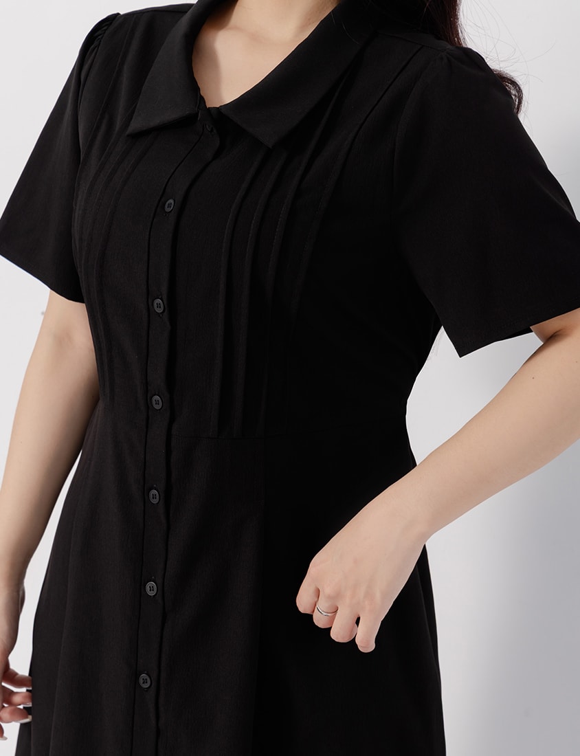 Pleated Textured Button-Down Elastic Back Plus Size Maxi Dress