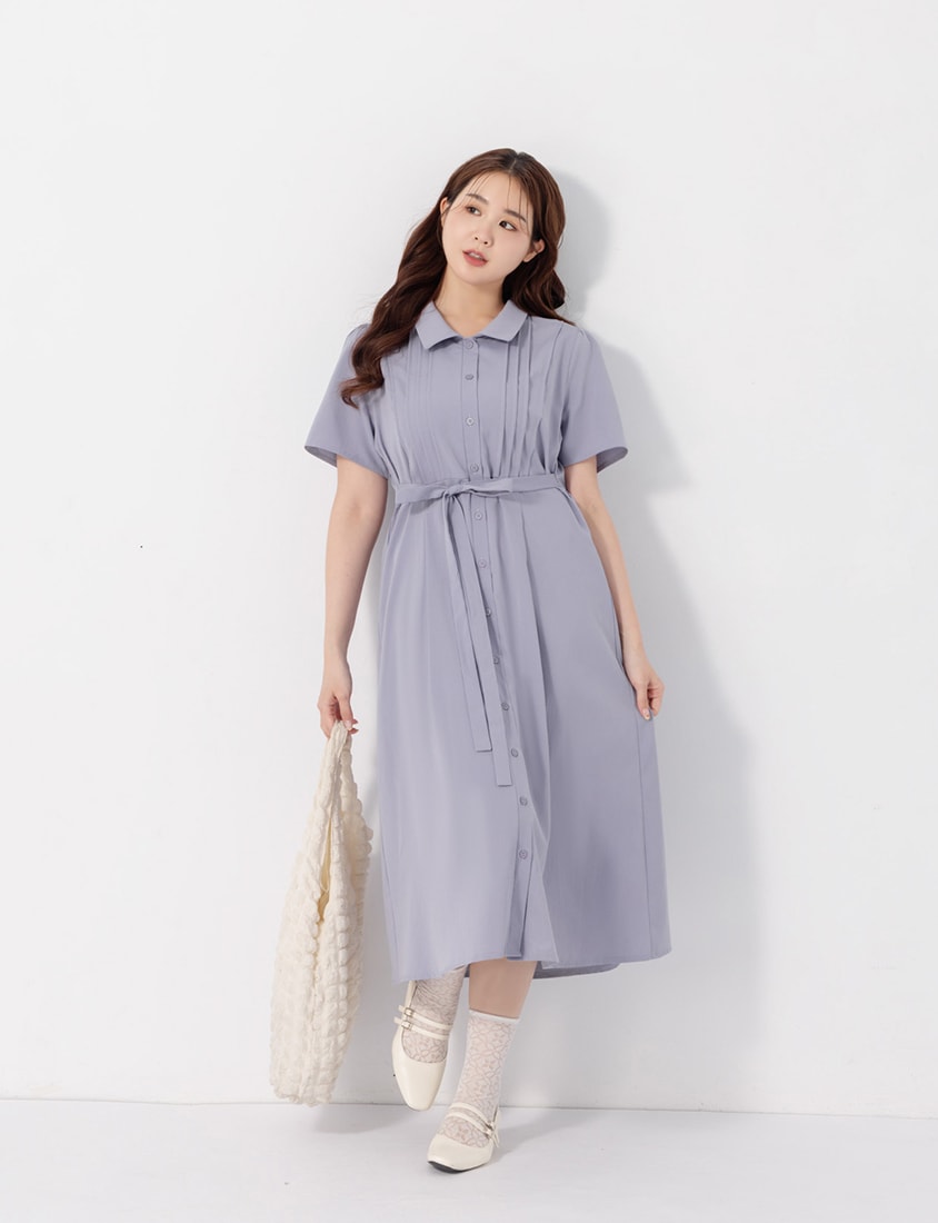 Pleated Textured Button-Down Elastic Back Plus Size Maxi Dress