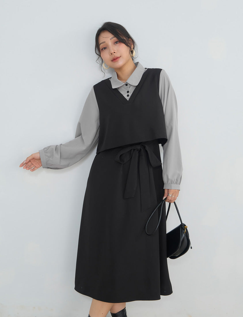 MISS. Contrast Faux Two Piece Waist Tie Plus Size Maxi Dress