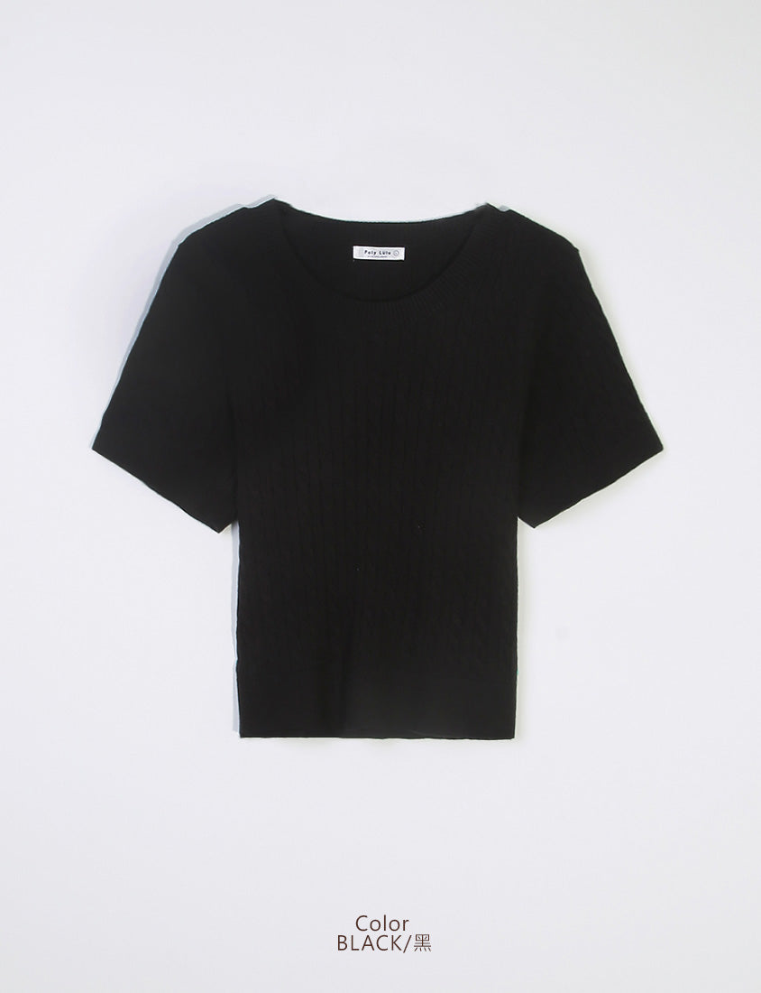 Crewneck Cable Knit Short Sleeve Top