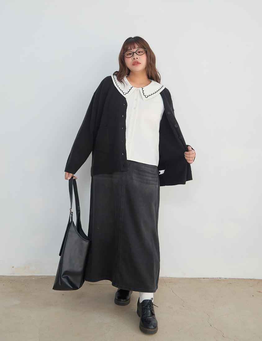 Contrast Embroidered Oversized Collar Plus Size Long Sleeve Shirt