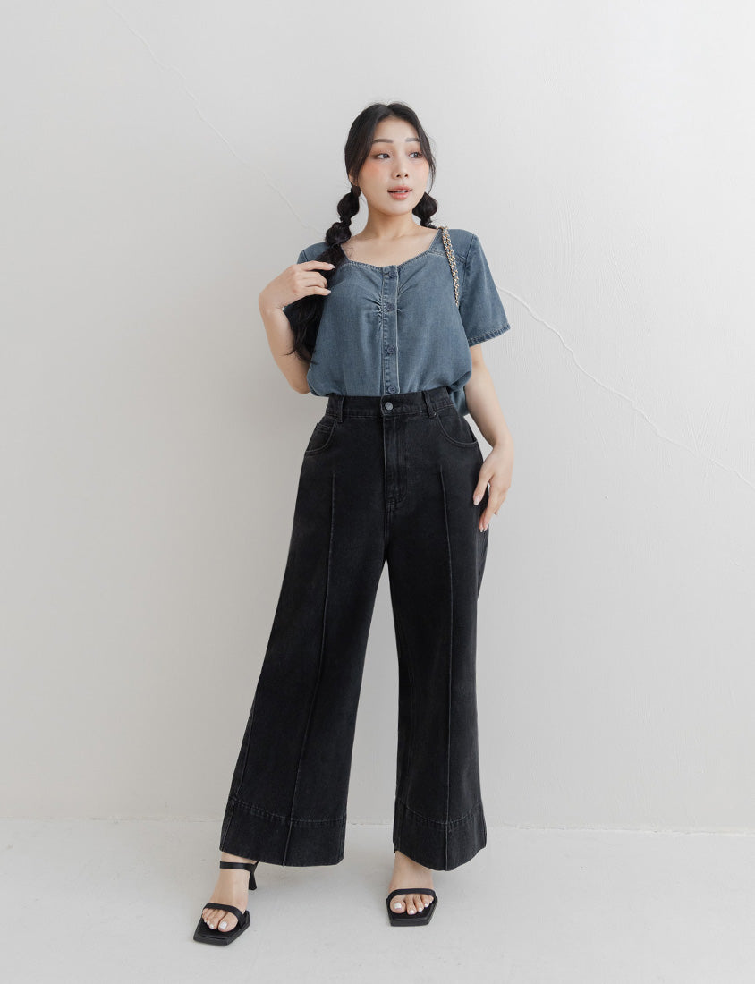Front Ruched Button-Up Plus Size Denim Top