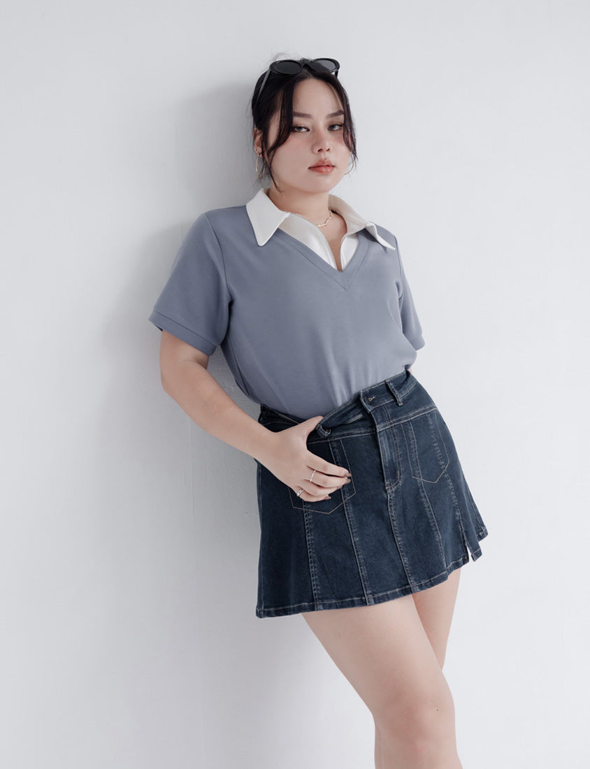 MUA! Space Cotton Color-Block Zipper Faux Two-Piece Plus Size Top