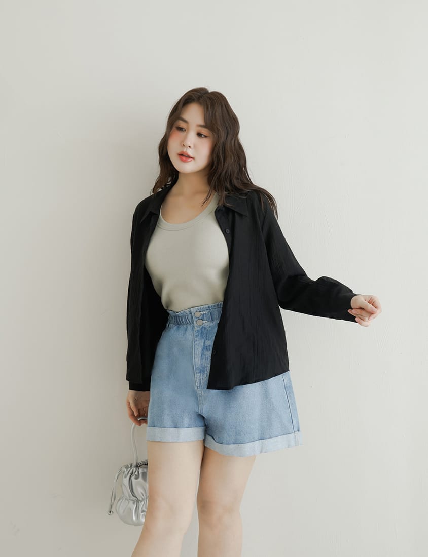 Crinkled Texture Sheer Tie-Back Plus Size Long Sleeve Shirt