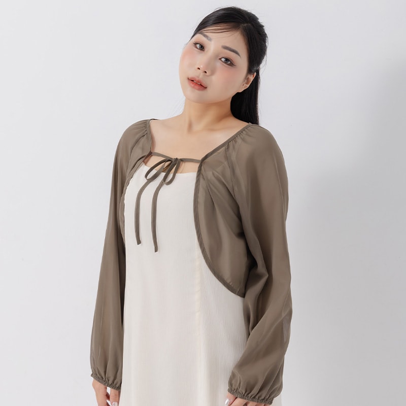 Japanese Style Puff Sleeve Tie Sheer Cropped Plus Size Cover-Up