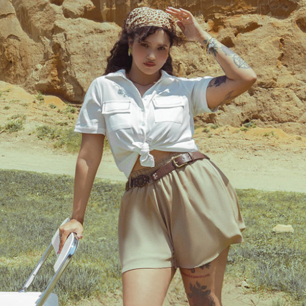 Color-Block Embroidered Pocket Plus-Size Short Sleeve Shirt