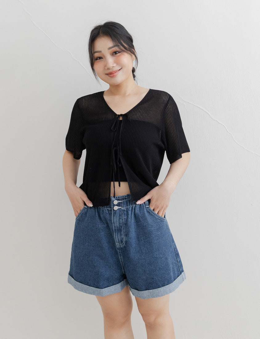 Front Tie Sheer Hollow Plus Size Knit Cardigan