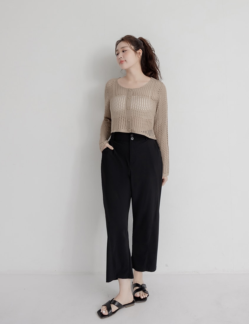 Knit Eyelet Hollow Faux Button Plus Size Top