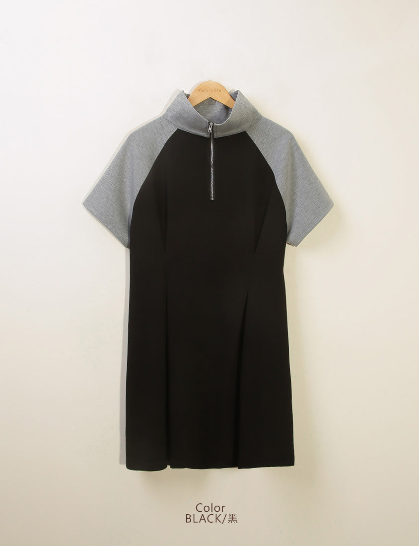 MUA! Space Cotton Color-Block Stand Collar Plus Size Short Sleeve Mini Dress