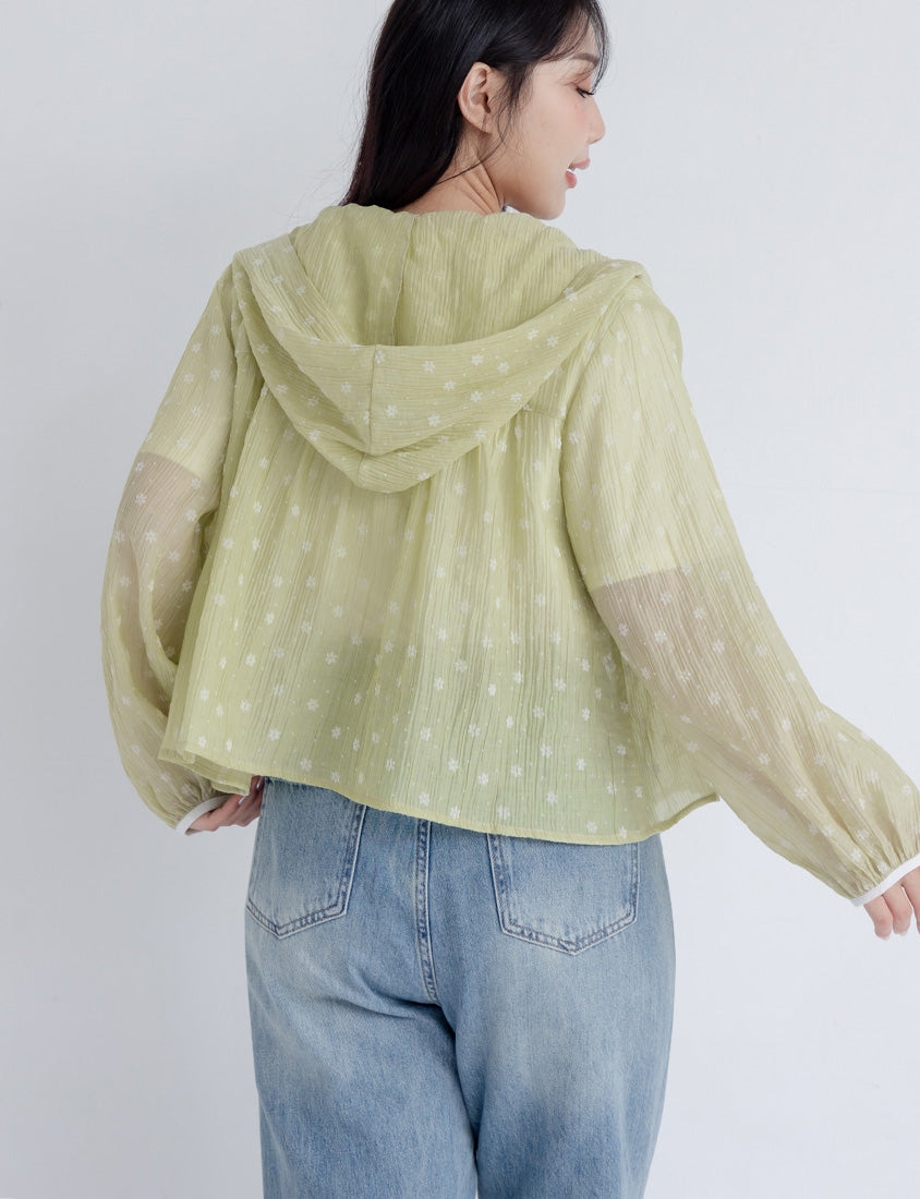 Cute Crinkled Floral Button Plus Size Hooded Jacket