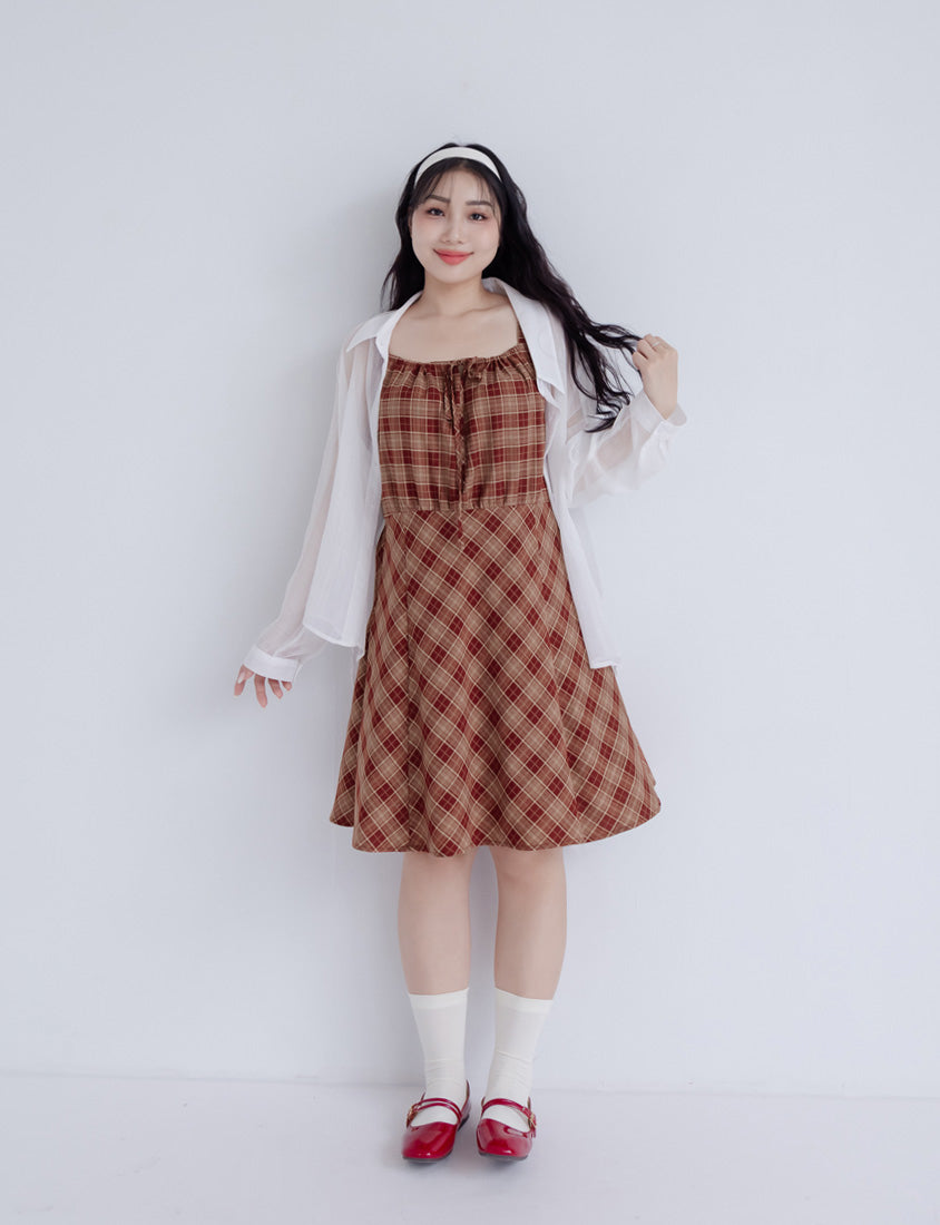 Preppy Adjustable Plaid Plus Size Mini Dress
