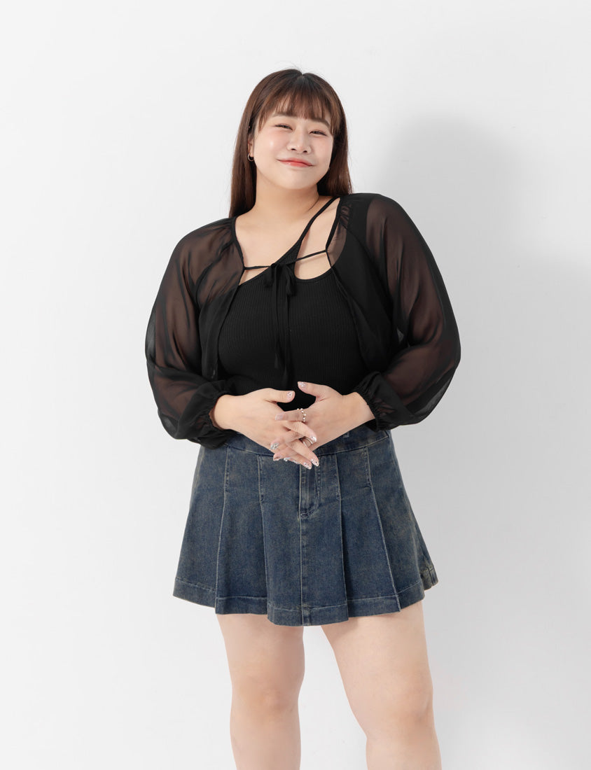 Japanese Style Puff Sleeve Tie Sheer Cropped Plus Size Cover-Up
