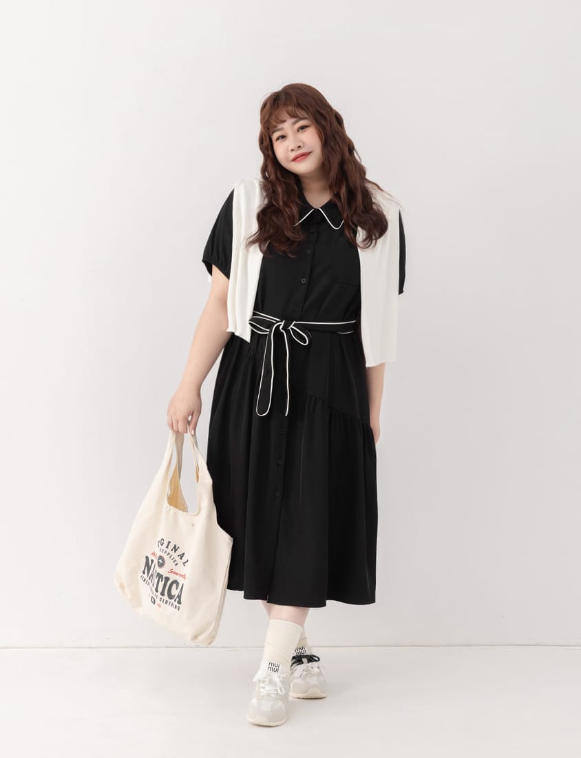 Color-Trimmed Plus Size Puff Sleeve Maxi Dress (With Waist Tie)