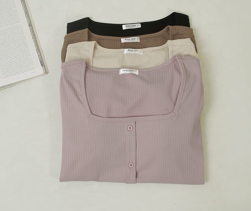 Multi-Color Ribbed Square Neck Faux Button Plus Size Top