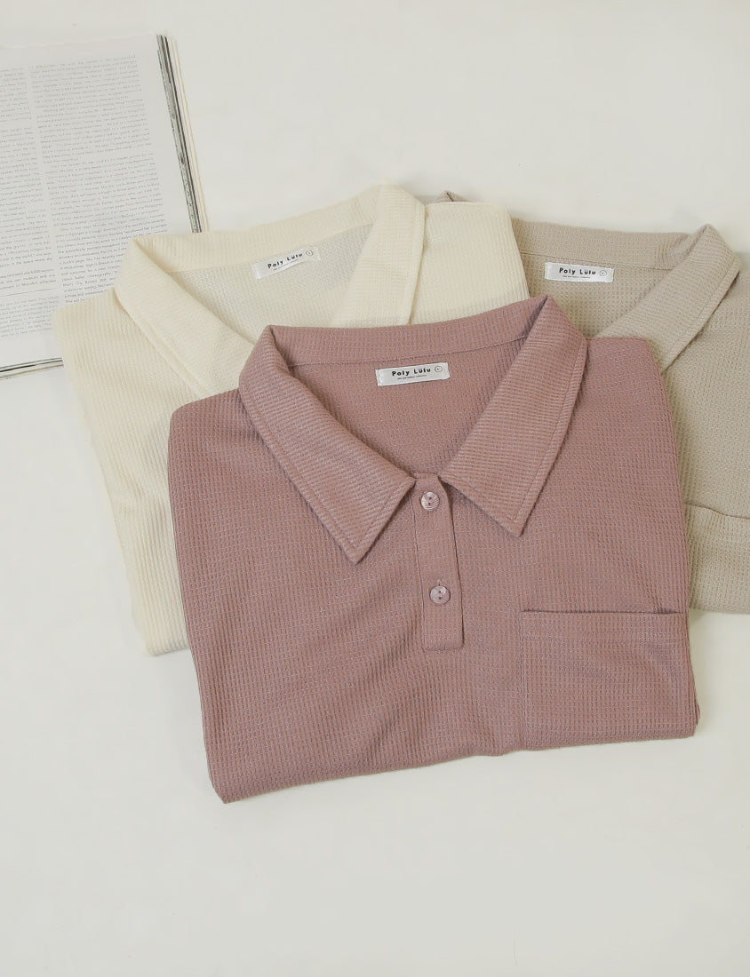 Skin-Friendly Waffle Knit Polo Plus Size Top