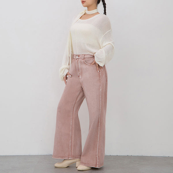 Vintage Washed Elastic Back Waist Plus Size Wide Leg Jeans