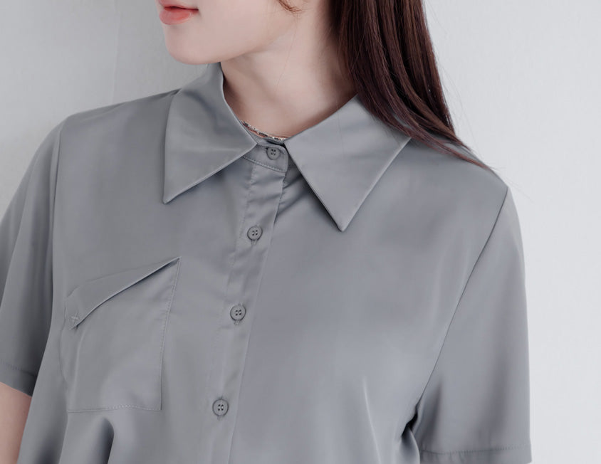 MISS. Elegant Pleat-Back Satin Plus Size Pocket Shirt