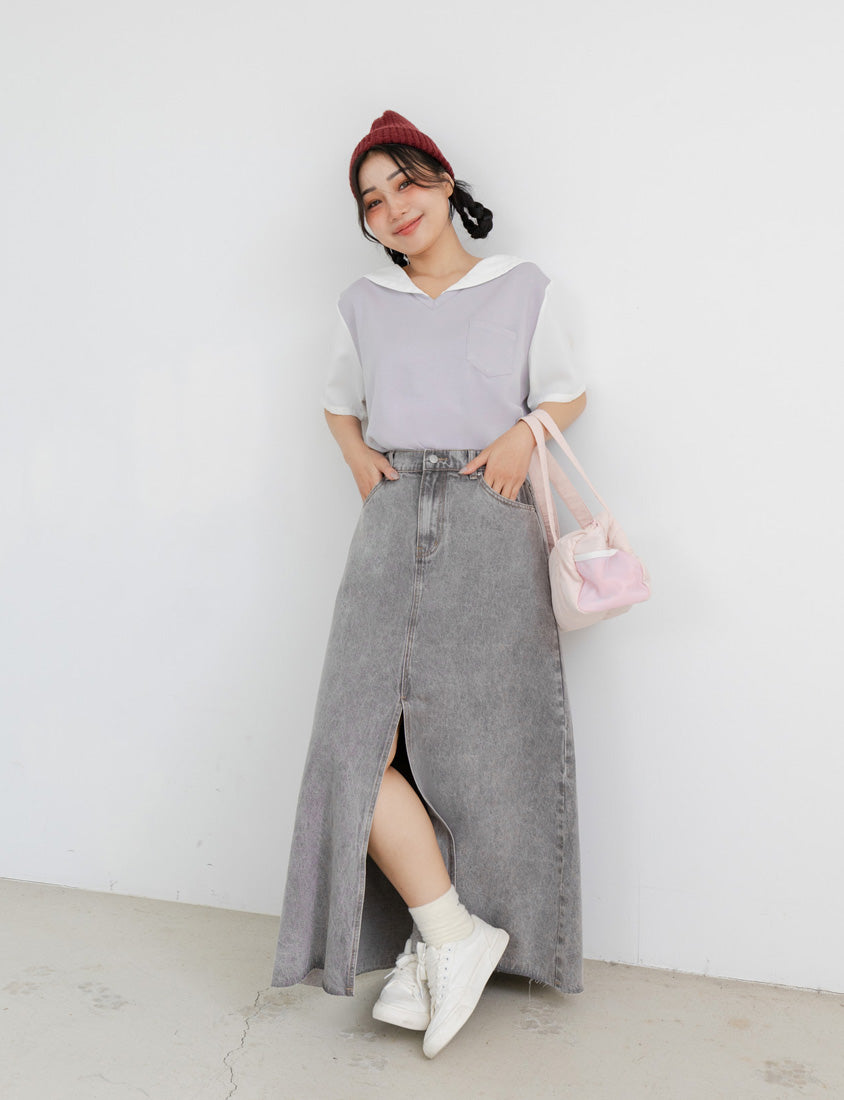 Space Cotton Sailor Collar Faux Two-Piece Plus Size Top