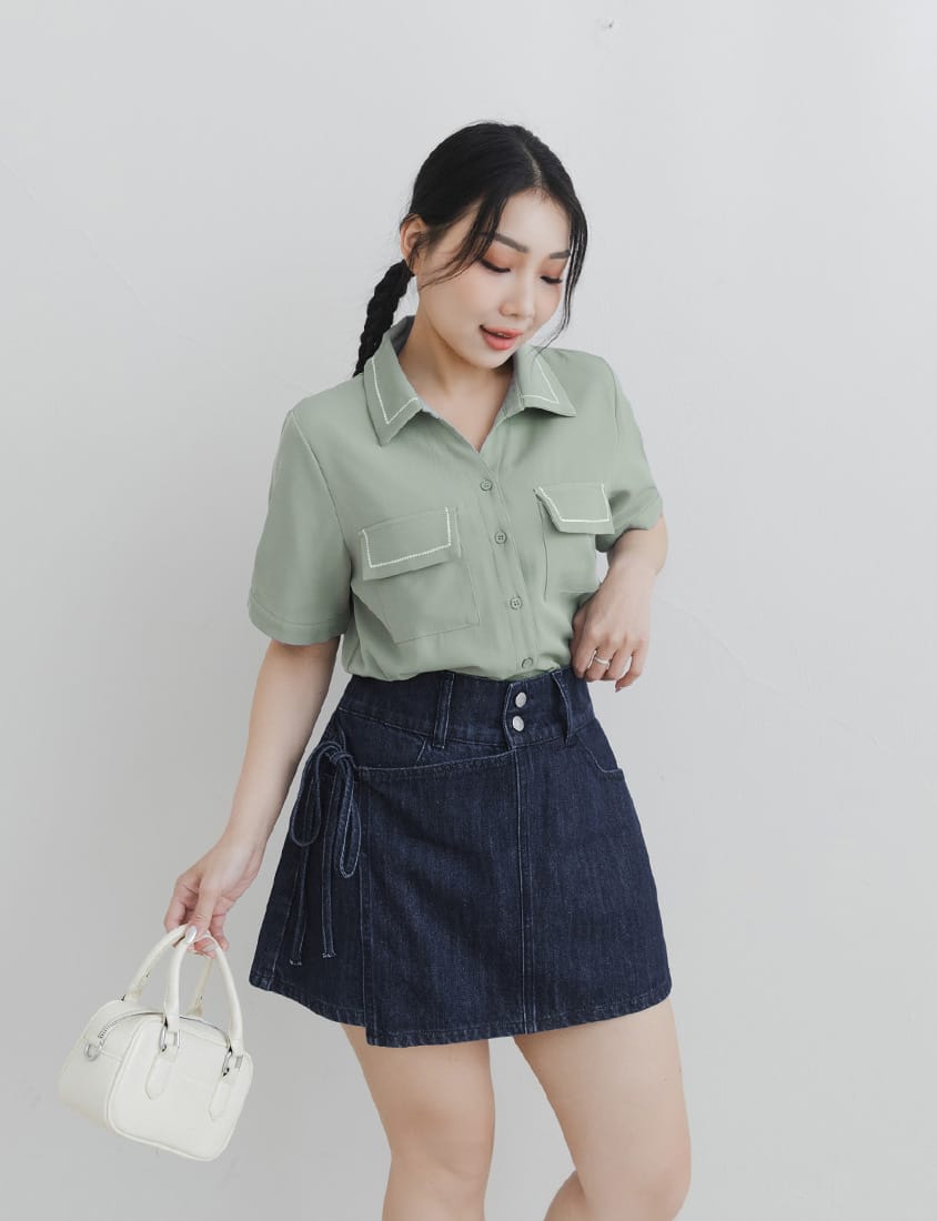 Color-Block Embroidered Pocket Plus-Size Short Sleeve Shirt