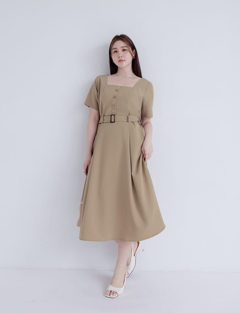 MISS. Square Neck Faux Button Elegant Plus Size Long Dress (With Belt)