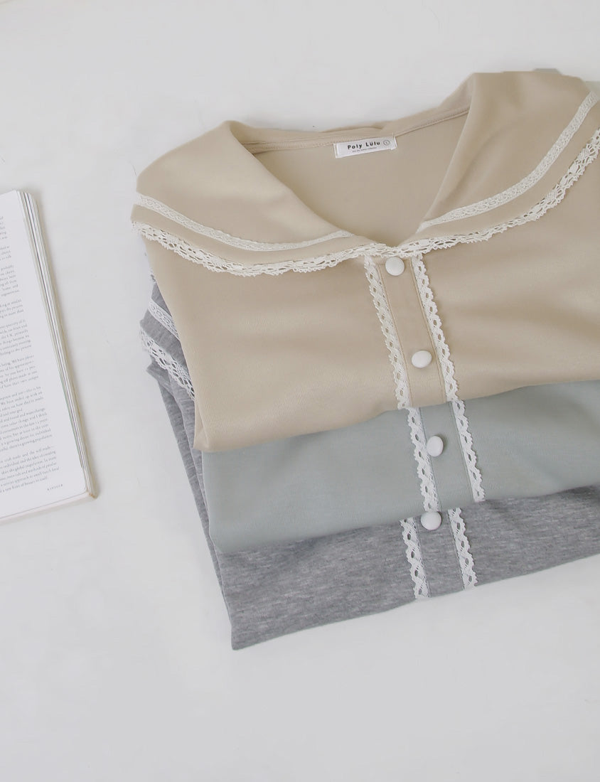 Space Cotton Sailor Collar Plus Size Lace Top