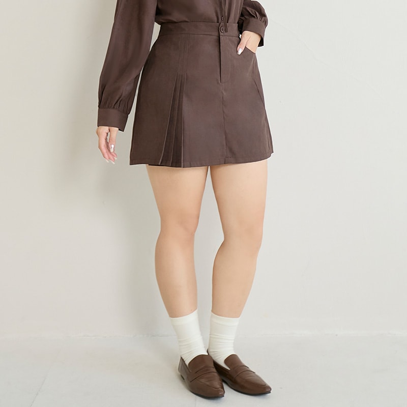 Asymmetrical Pleated Elastic Back Waist Twill Plus Size Mini Skirt