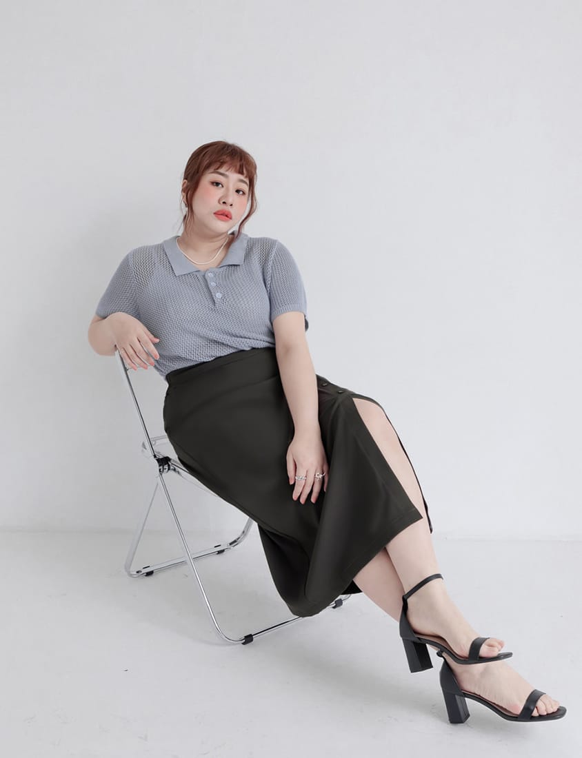 MISS. Korean Style Asymmetrical Button Slit Elastic Waist Plus Size Maxi Skirt
