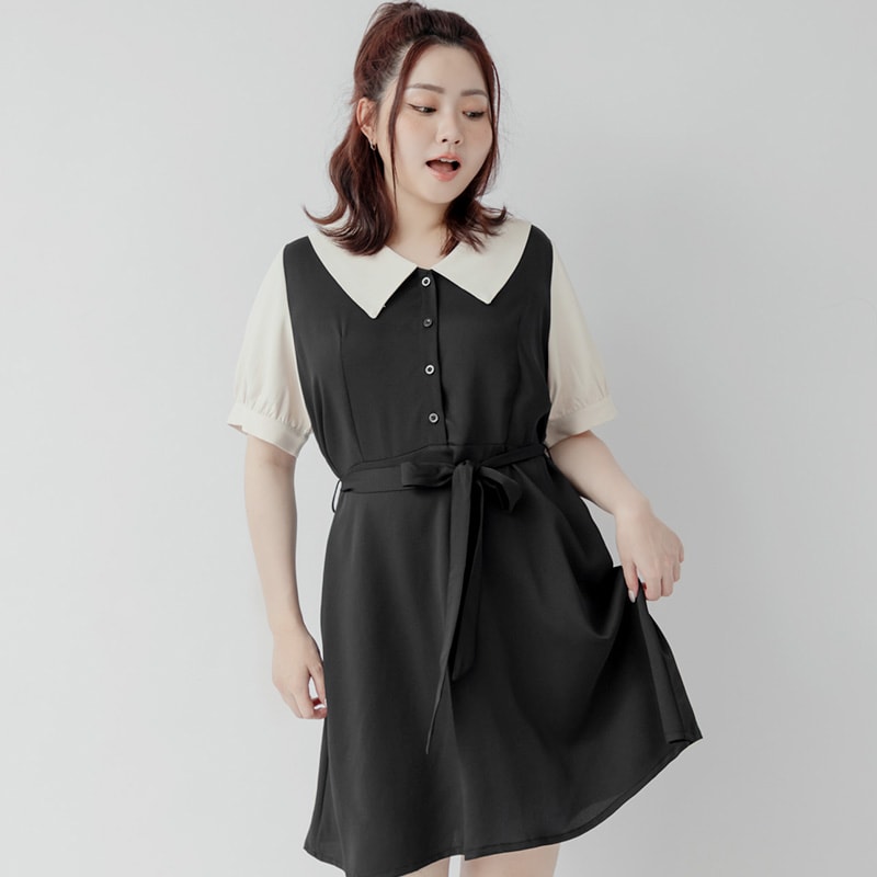Layered-Look Contrast Collar Plus Size Mini Dress (with Belt)