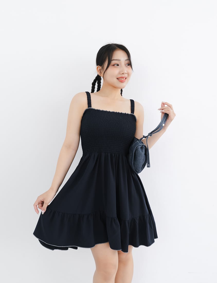 Colorblock Ruffle Trim Smocked Tiered Plus Size Mini Dress