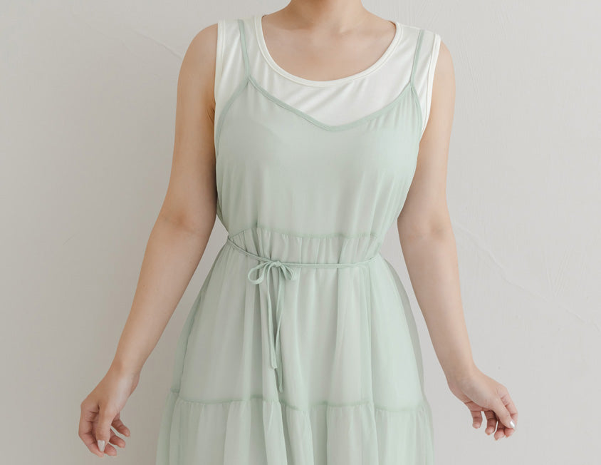 Two Piece Sheer Crinkled Tiered Plus Size Maxi Dress (with Inner Tank)