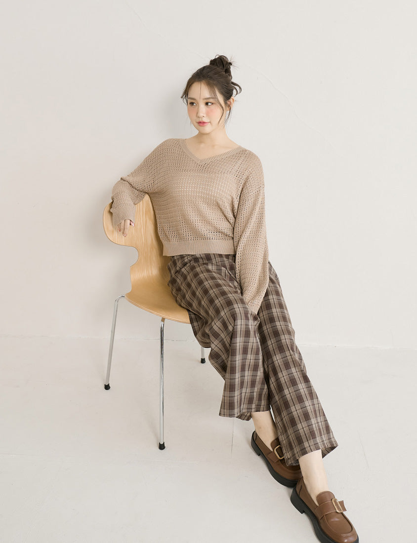 Cozy Plaid Back Elastic Waist Plus Size Tailored Pants