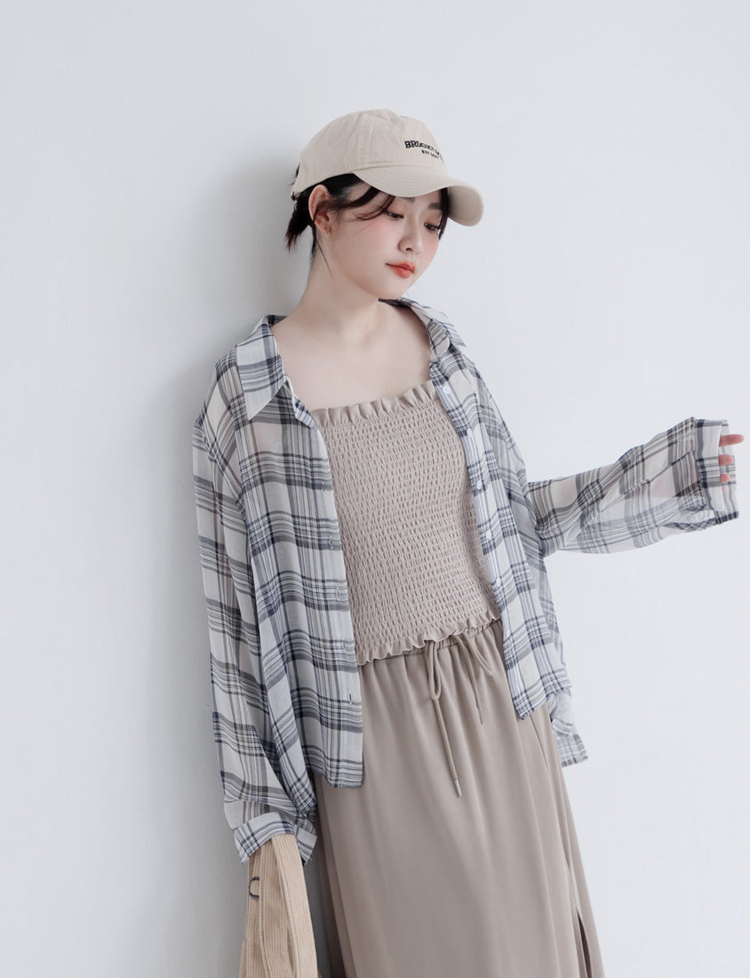 Crinkled Texture Sheer Plaid Plus Size Long Sleeve Shirt