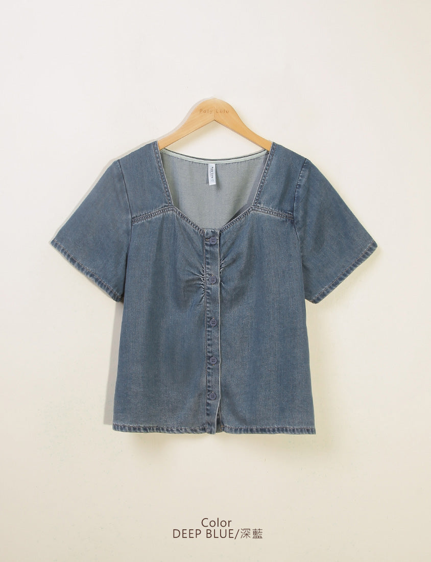 Front Ruched Button-Up Plus Size Denim Top