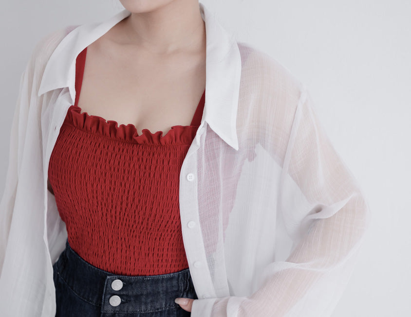 Crinkled Texture Sheer Plaid Plus Size Long Sleeve Shirt