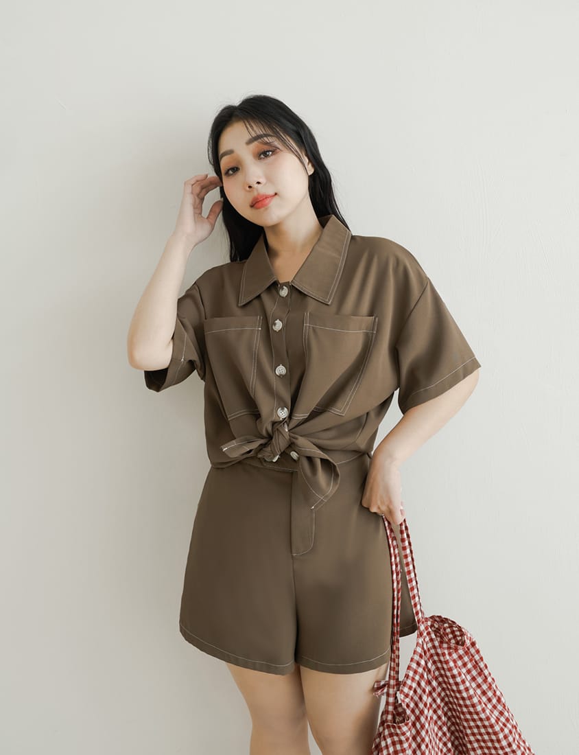 Color-Block Stitching Waistband Twill Plus Size Shorts