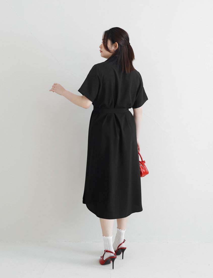 MISS. Cuban Collar Chiffon Button Short Sleeve Dress (with Waist-Tie )