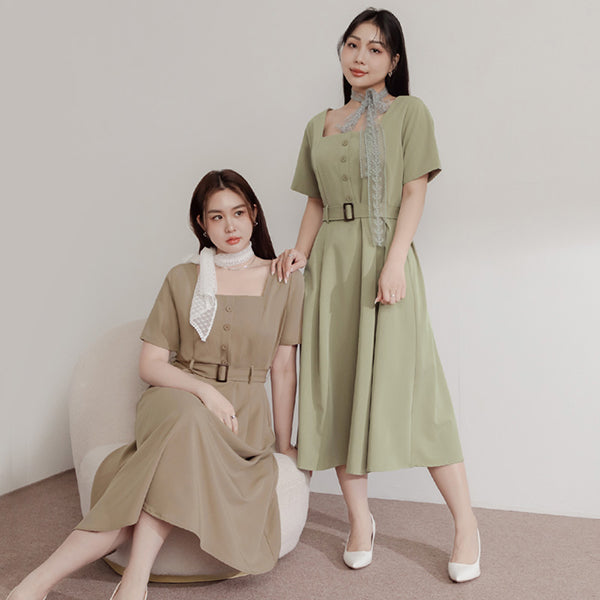 MISS. Square Neck Faux Button Elegant Plus Size Long Dress (With Belt)