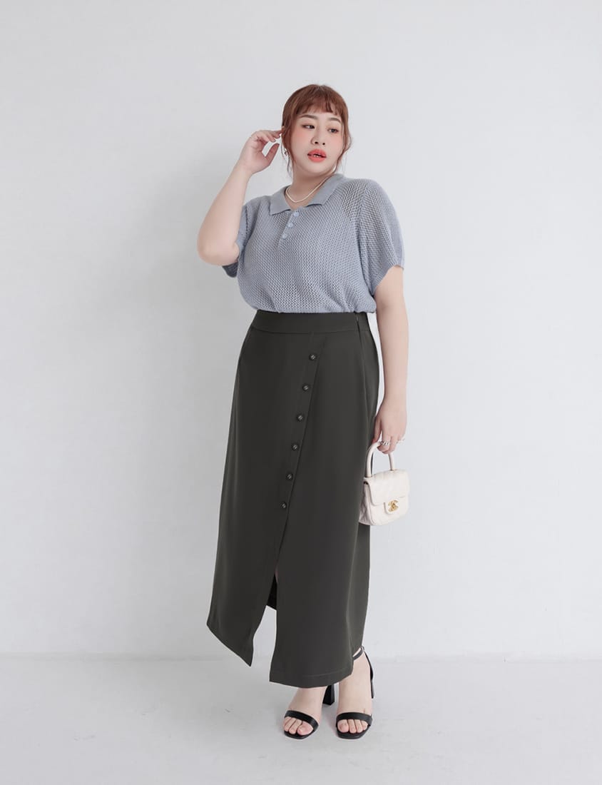 MISS. Korean Style Asymmetrical Button Slit Elastic Waist Plus Size Maxi Skirt