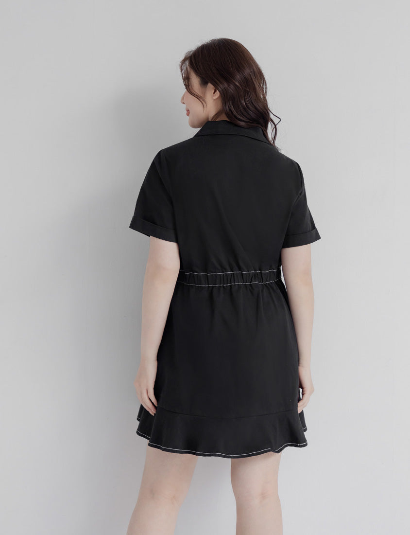 Twill Cuban Collar Cargo Ruffle Hem Plus Size Mini Dress