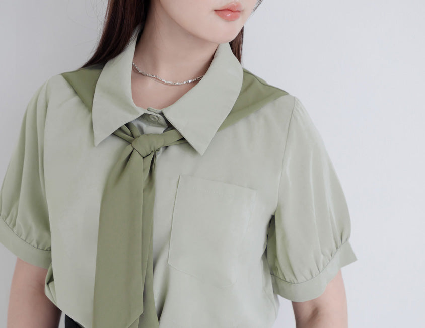 MISS. Faux Two-Piece Color-Block Bow Puff Sleeve Plus Size Blouse