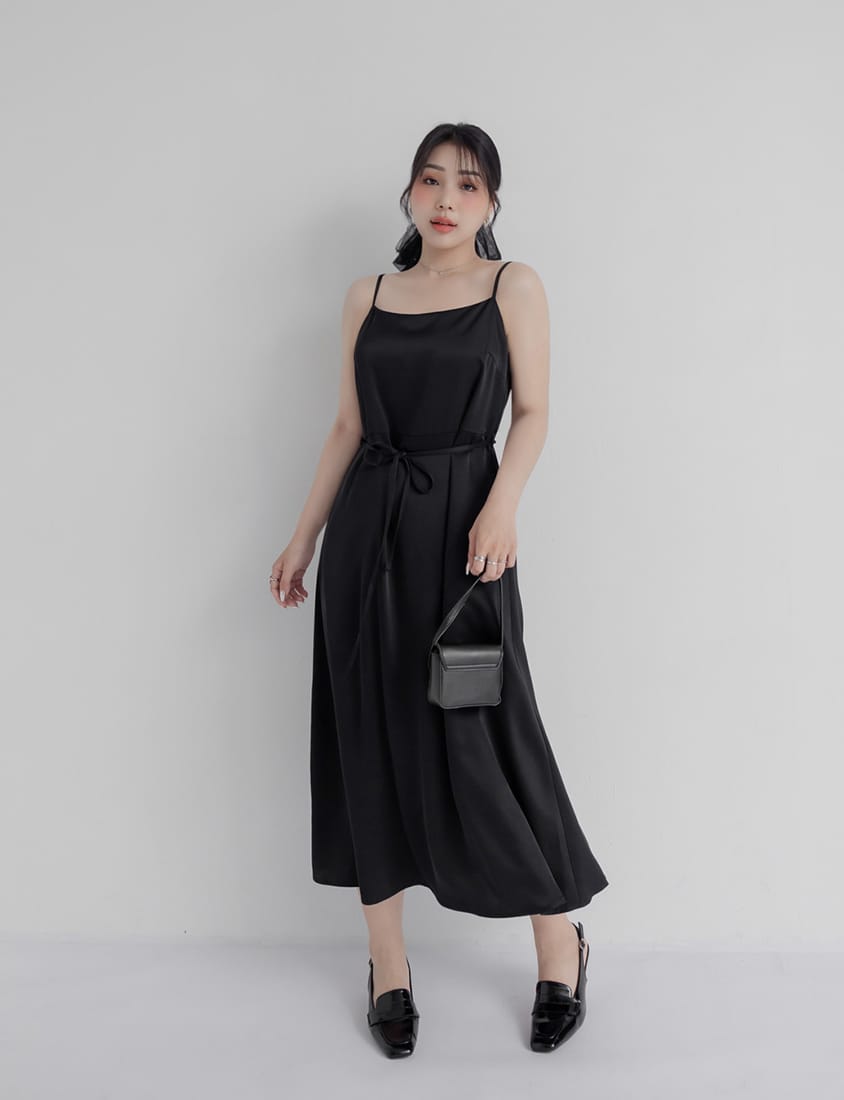 MISS. Satin A-Line Adjustable Strap Plus Size Cami Dress (with Waist Tie)